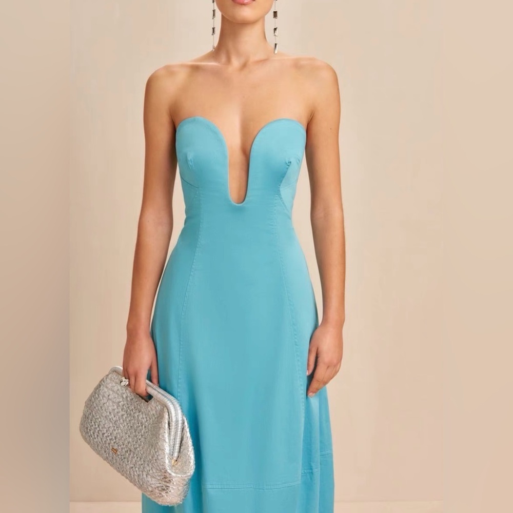 cult gaia Strapless Turquoise Blue Plunge Midi Dress - Picture 2 of 9